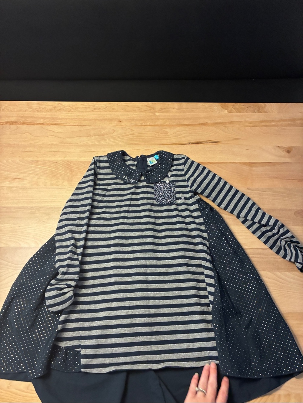 Girls' Navy and Gray Striped Long-Sleeve Top with Peter Pan Collar